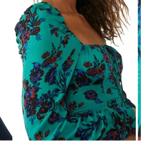 Free People Hilary Printed Top in green combo size S New With Tag - Picture 2 of 12
